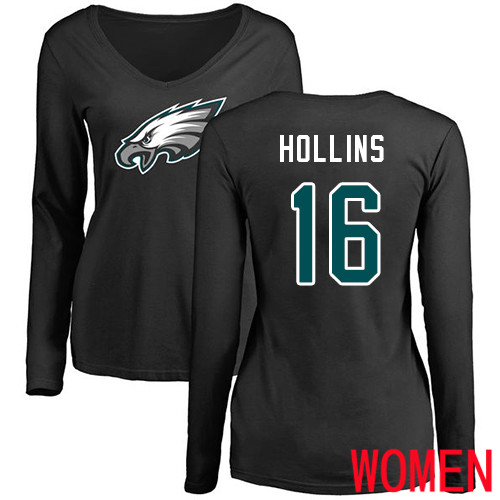 Women Philadelphia Eagles #16 Mack Hollins Black Name and Number Logo Slim Fit Long Sleeve NFL T Shirt.->women nfl jersey->Women Jersey